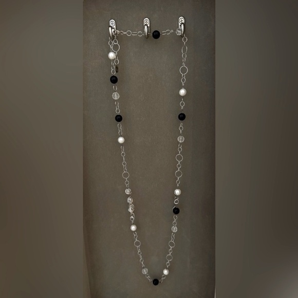 Stylish Handcrafted Silver Necklace with Black, White, and Crystal Beading - Picture 2 of 6